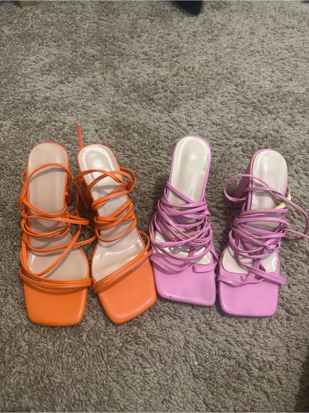 SHEIN Strappy Square-Toe Heels in Orange and Pink